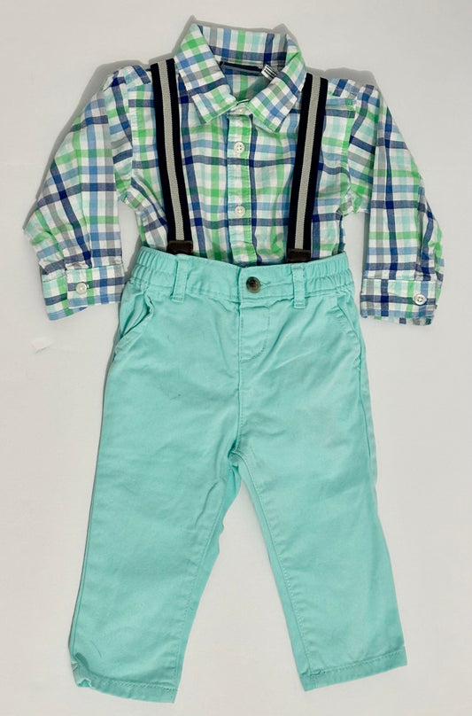 #132 - REDUCED- The Children's Place: Plaid Poplin Bodysuit & Chino Suspender Pants & Bow Tie Set, 9-12M