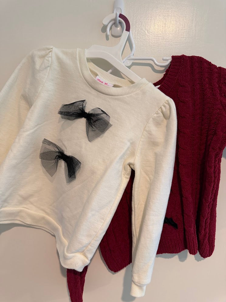 #9 Girls 5 Long Sleeve Sweater Bundle of 2 with Bow Details (Cream & Maroon)