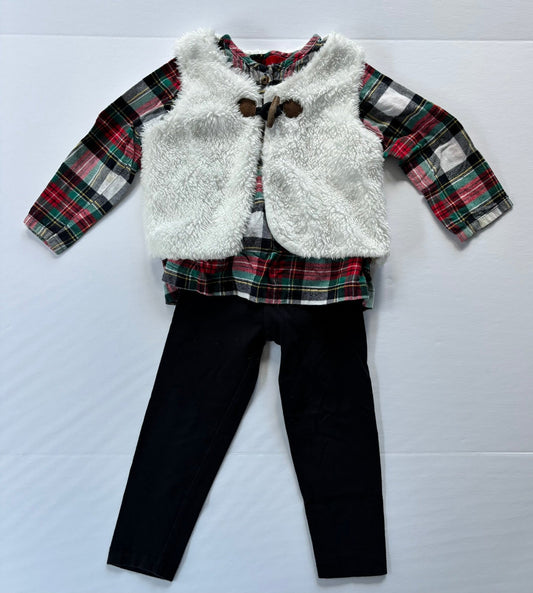 #101 Carter's Faux Fur Vest Plaid Top Pant Set Girls Size 24 month