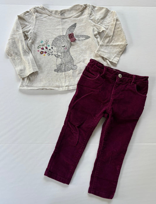 #101 Old Navy Bunny Long Sleeve Shirt Corduroy Burgundy Pants Girls Size 24 months