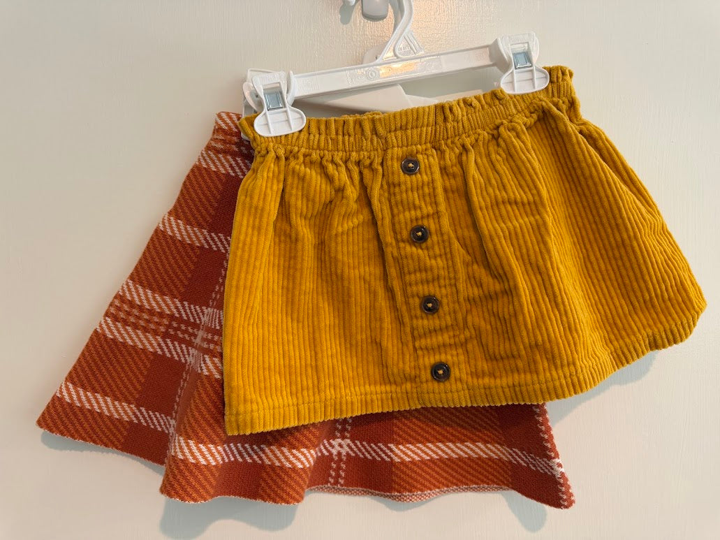 #9 Girls XS (4) Skirt Bundle: Mustard Yellow Corduroy + Orange Plaid _ Both EUC