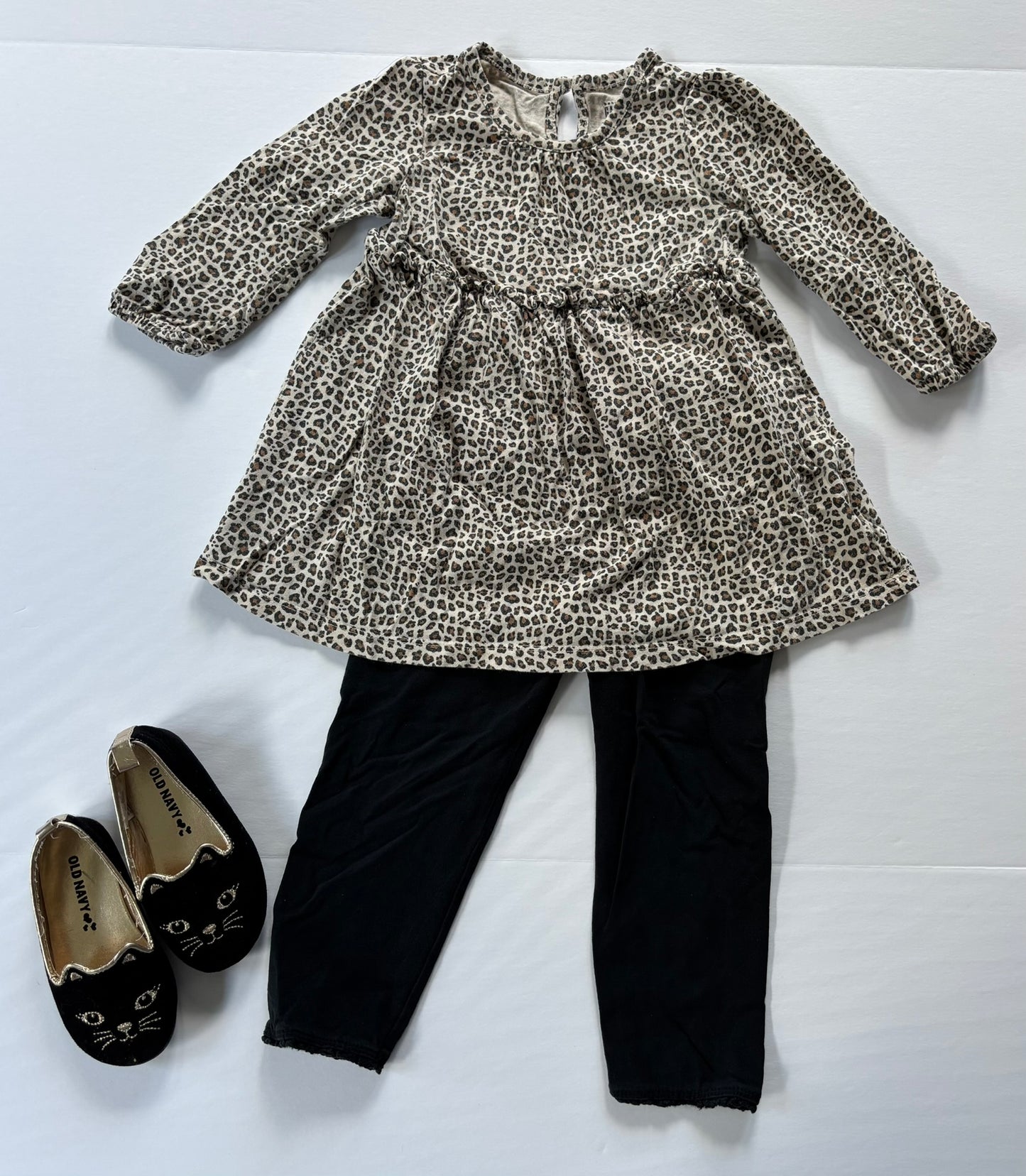 #101 Gap Leopard Ruffle Shirt Black Legging Cat Shoe Outfit Girls Size 18-24