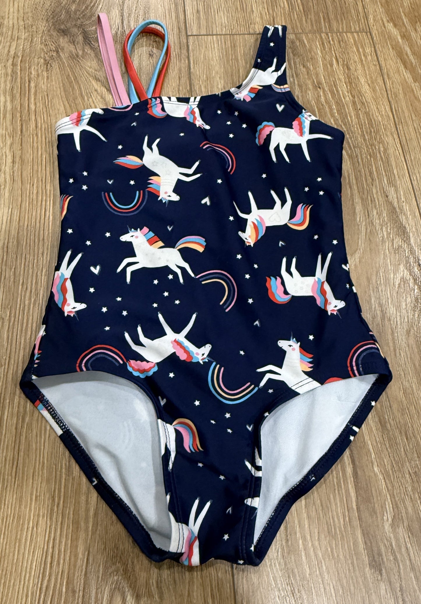 Seller #24 Girls Size XS 4/5 Cat and Jack Red/White/Blue Unicorn One Shoulder One Piece Swimsuit