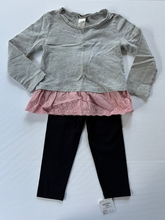 #101 Oshkosh Gray Pink Layered Eyelet Shirt NWT Black Legging Outfit Girls Size 2T