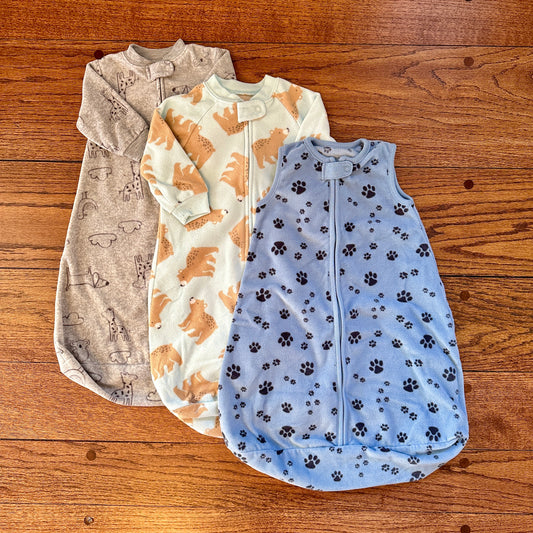 Baby Fleece Sleep Bags, Set of 3 - Gray Animals Long Sleeve / Teal Bear Long Sleeve / Blue Paw Print Tank Top - size S / 0-9 months