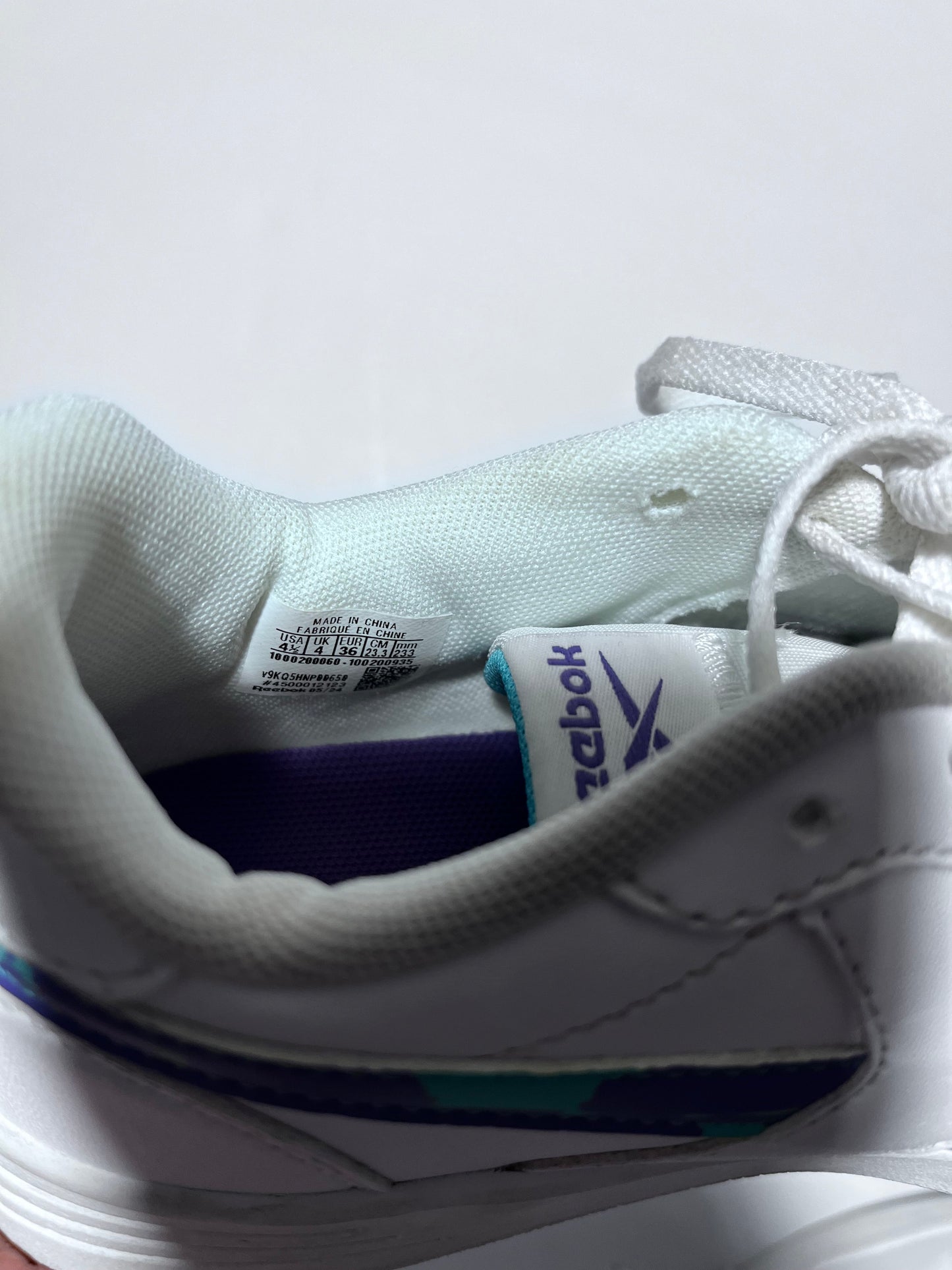 #150  REDUCED girls 4.5 reebok sneakers white teal purple