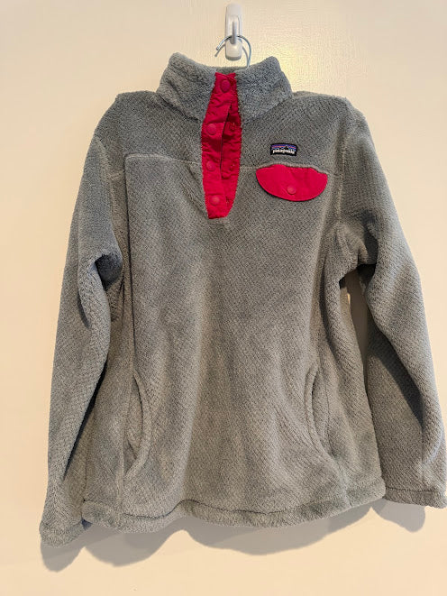 #9 Girls L (12) Patagonia Re-Tool Snap-T Pullover Grey & Pink VGUC/EUC