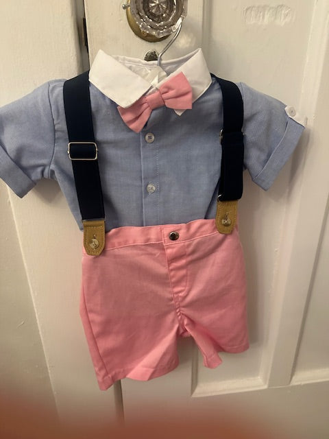 Edgehill Collection Baby Boys 9 Months Button-Front Shirt & Linen Suspender Shorts 2-Piece Set