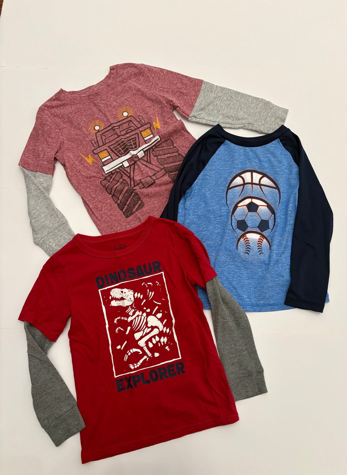 #121 boys 5T set of 3 shirts, truck/sports/dino, VGUC
