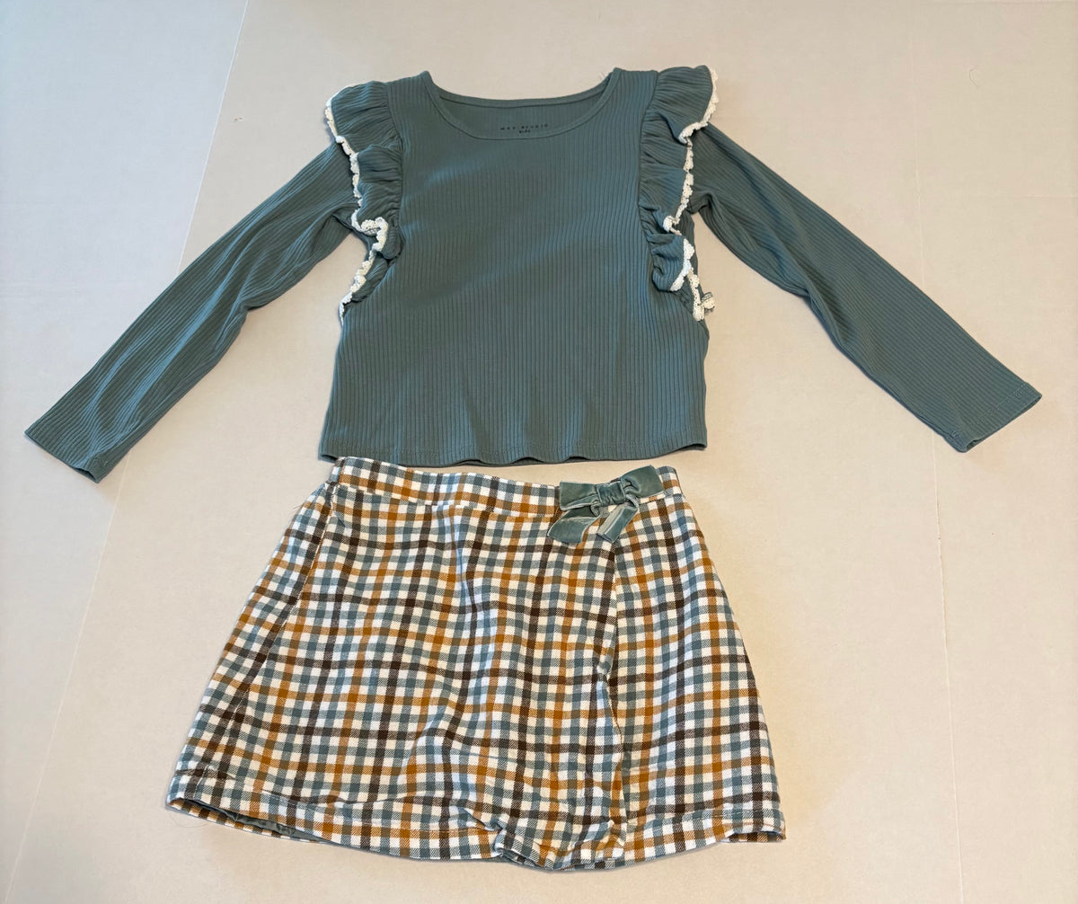 #25 Girls 5/6 Max Studio Kids long sleeve green shirt with ruffle detail and plaid skirt