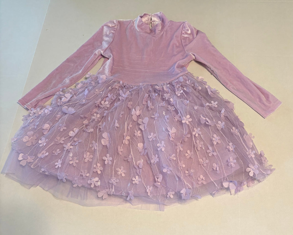 #25 Girls size 5 Btween purple velour long sleeve dress with flower detail