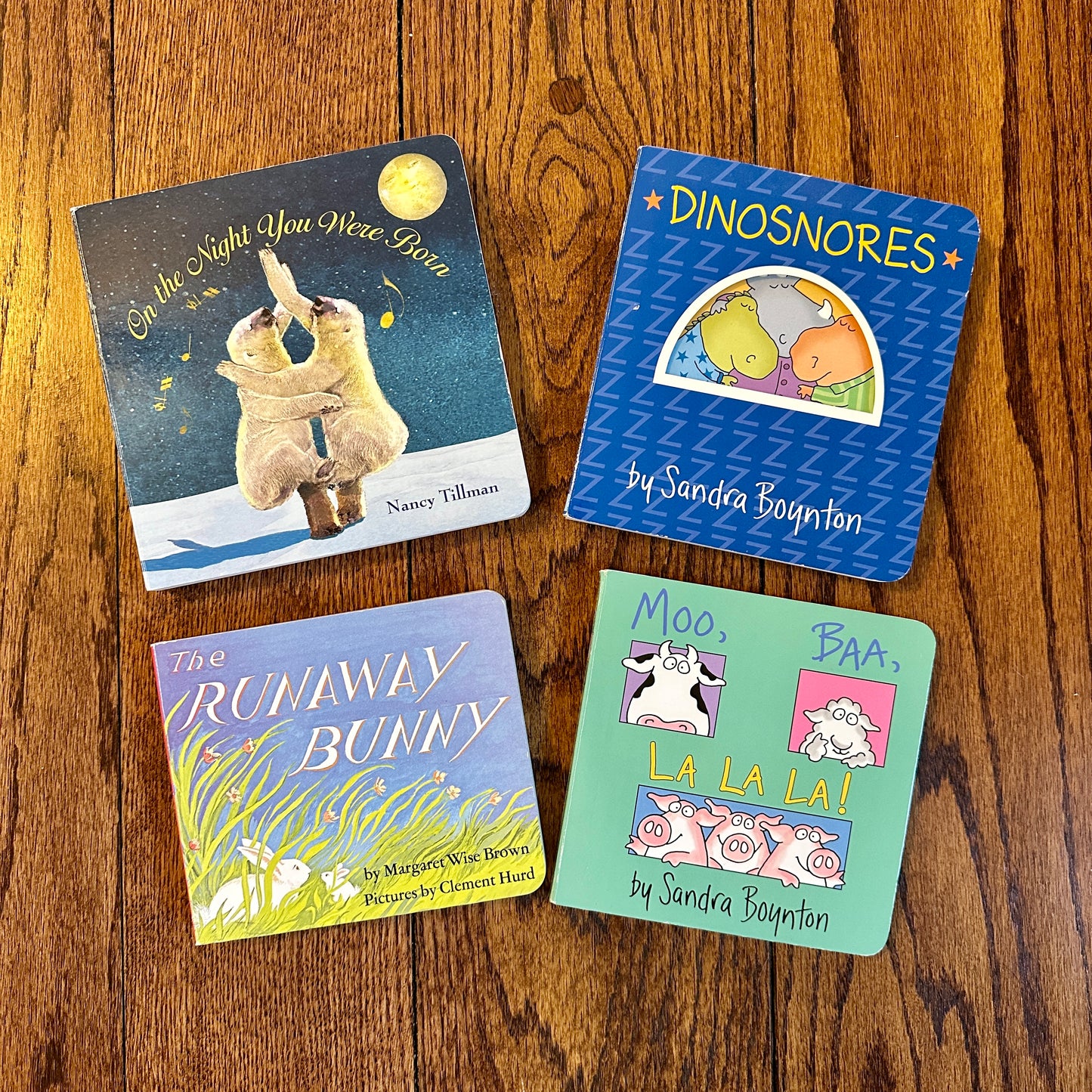 Set of 4 Books -  On the Night You Were Born / Dinosnores / The Runaway Bunny / Moo, Baa, La La La