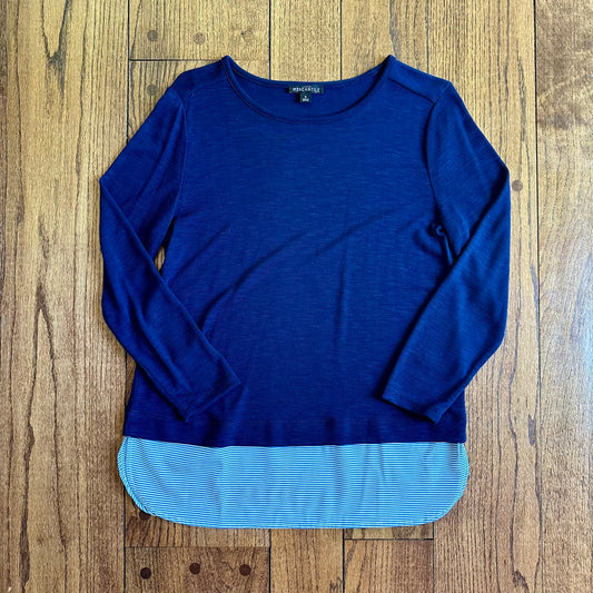 #95 EUC Womens Jcrew Mercentile Navy Long Sleeve Shirt with Blue Striped Bottom Trim, size S