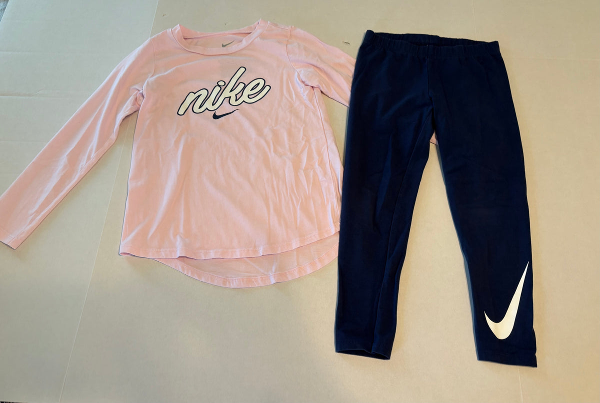 #25 Girls size 6 Nike long sleeve pink t shirt and navy blue leggings