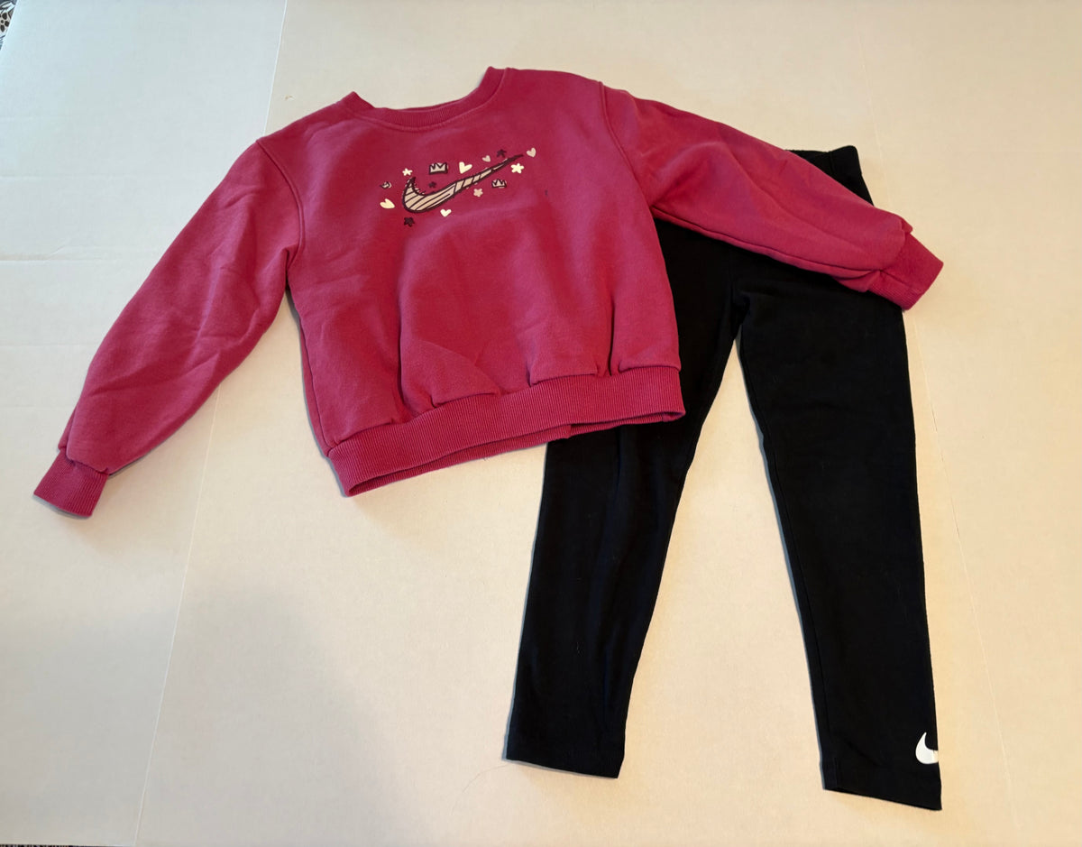 #25 Girls size 6 Nike maroon sweatshirt and leggings - has stain/pen mark on the front as seen in picture