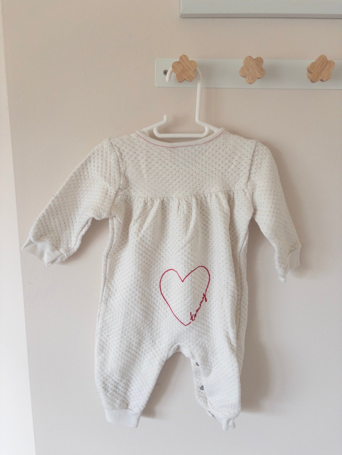 #36- Tommy Hillfigure girls onesie with heart on butt 6-9m EUC