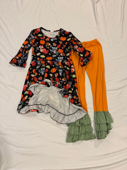 Seller #142 Girl’s 5XL (size 8/10) black fall pumpkin dress and orange ruffle pants