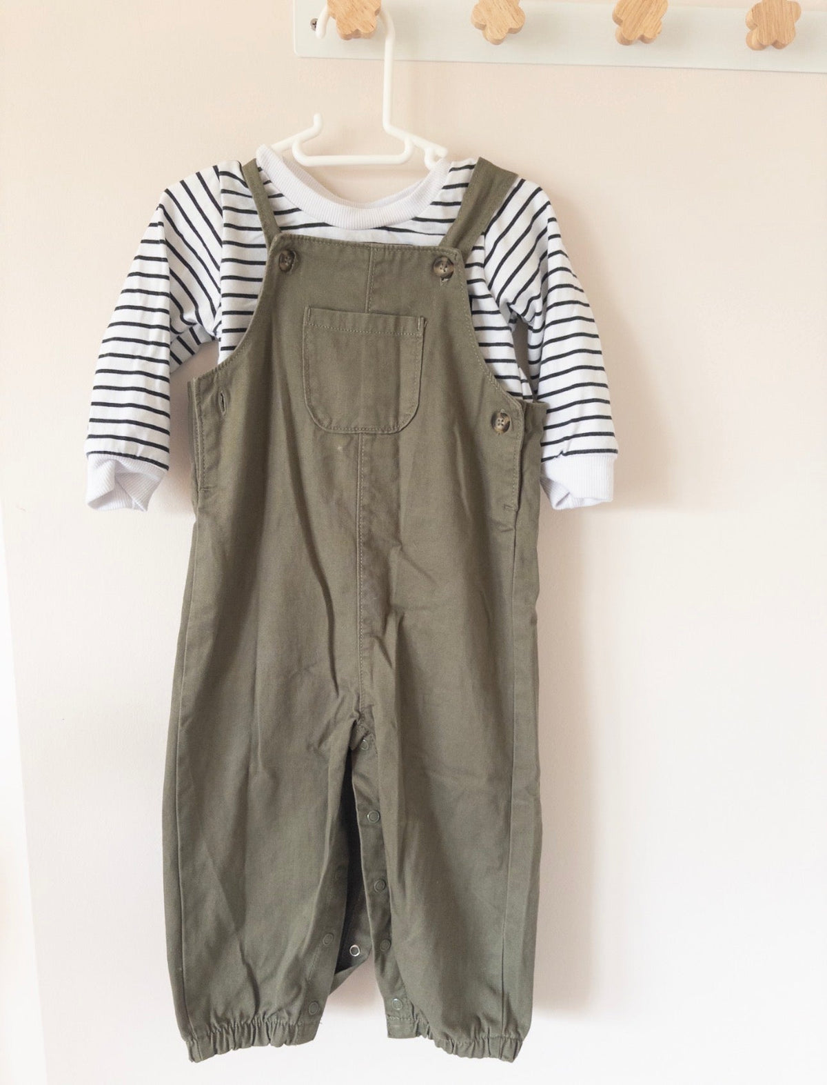 #36- Boys green overalls with black striped shirt 12month EUC