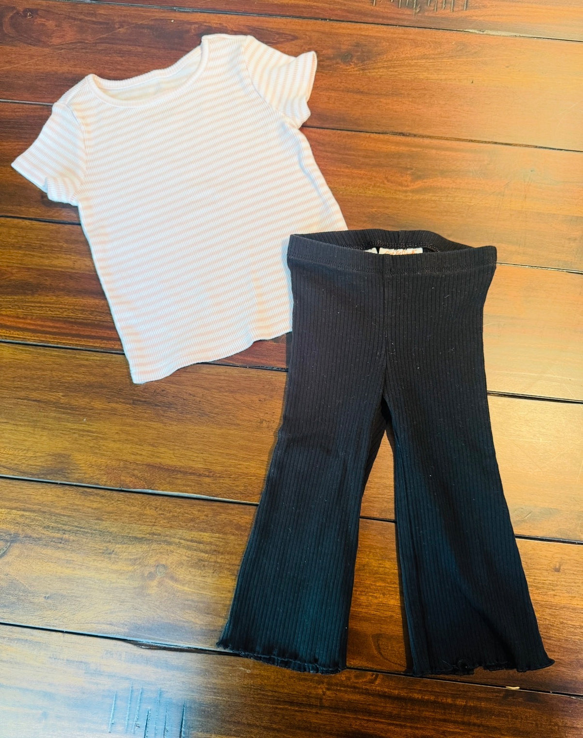 #51 18M Girls Outfit Bundle Ribbed White and Pink Stripe Shirt and Ribbed Flare Pants