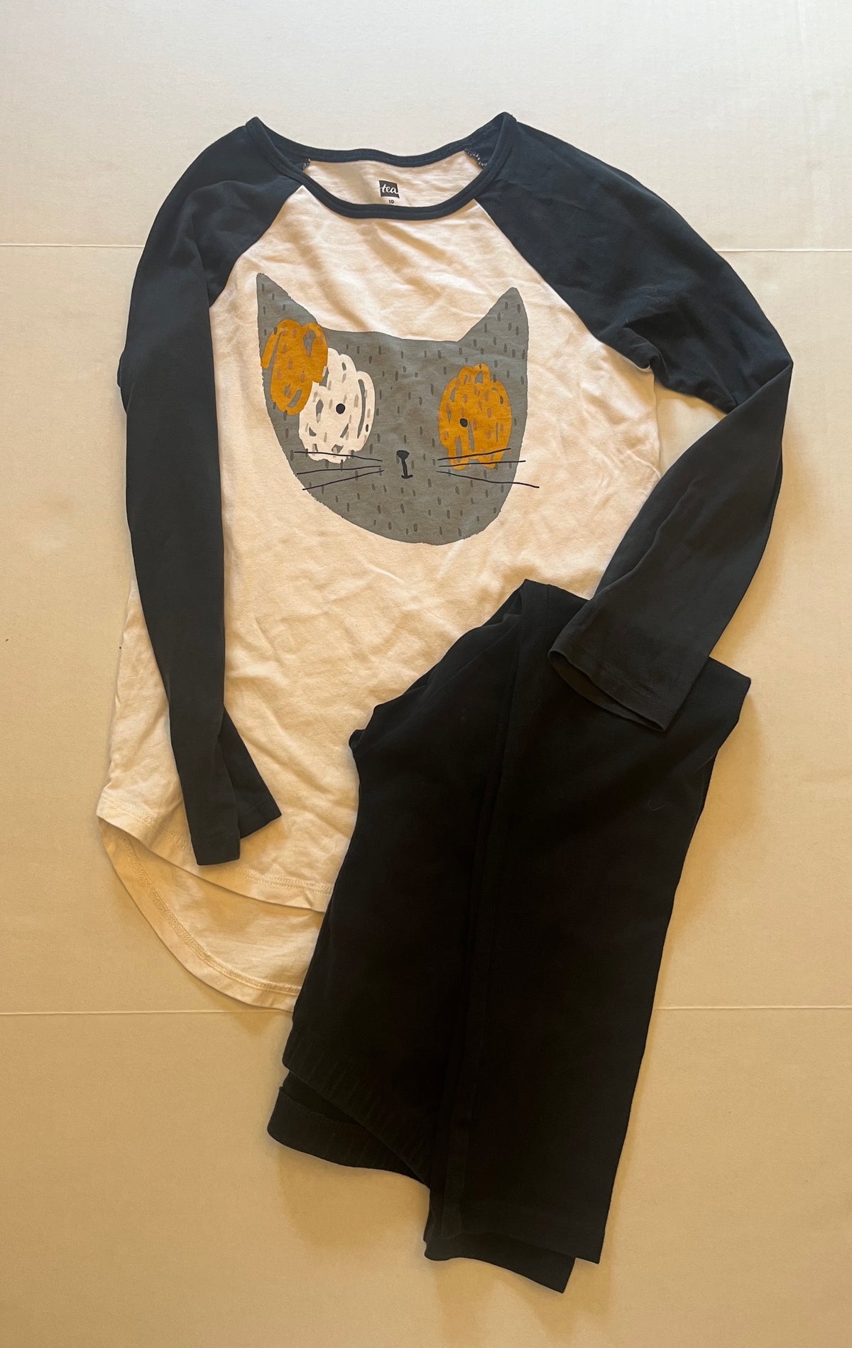 Seller 118 VGUC Girls Tea Collection Cat shirt Size 10 and Black Cat and Jack leggings size 10/12