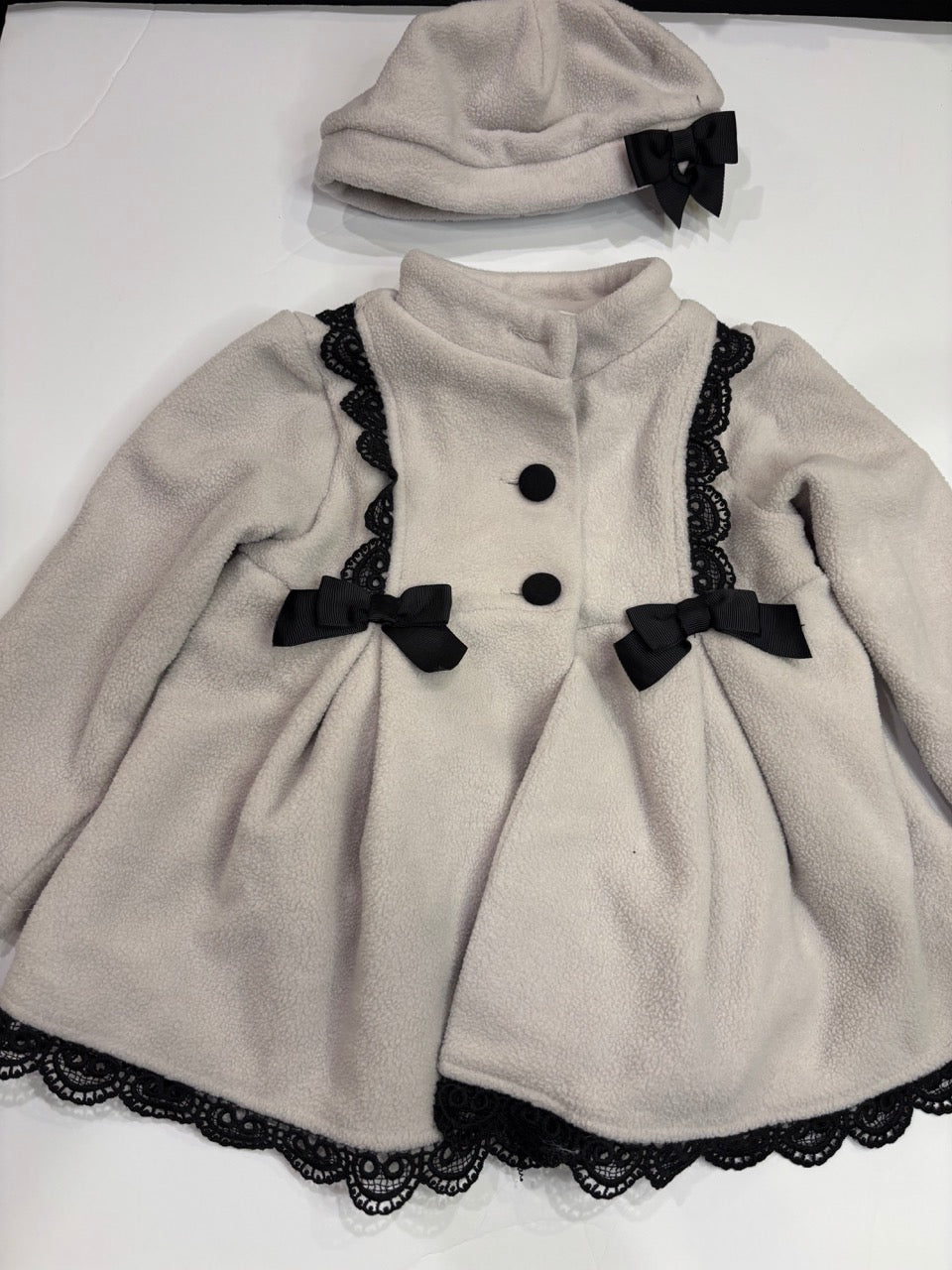 #86A girls 24 mo coat with matching hat, off white with black details