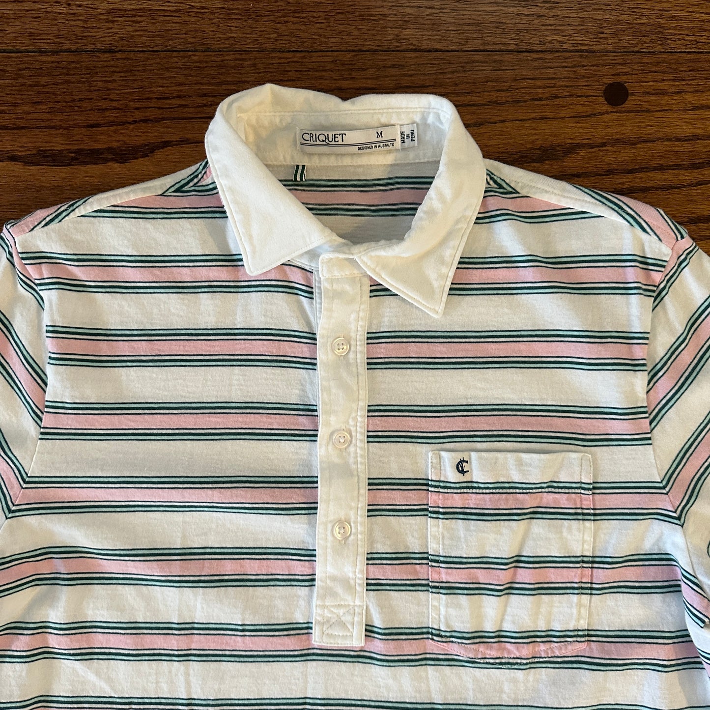 Men's Criquet Polo, White and Pink Striped - size M