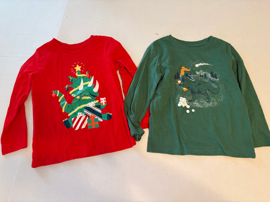 #25 Boys 5T Cat and Jack set of 2 long sleeve t shirts Christmas Dino’s and Dino’s having snowball fight