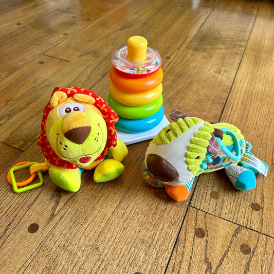 #95 GUC Baby Toys Lot, Fisher Price Rings / Skip Hop Dog / Lion REDUCED