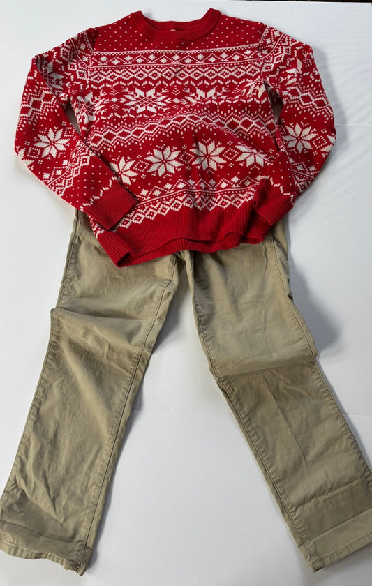 #101 Fair Isle Red Snowflake Sweater Khaki Pants Boys Size Medium/8
