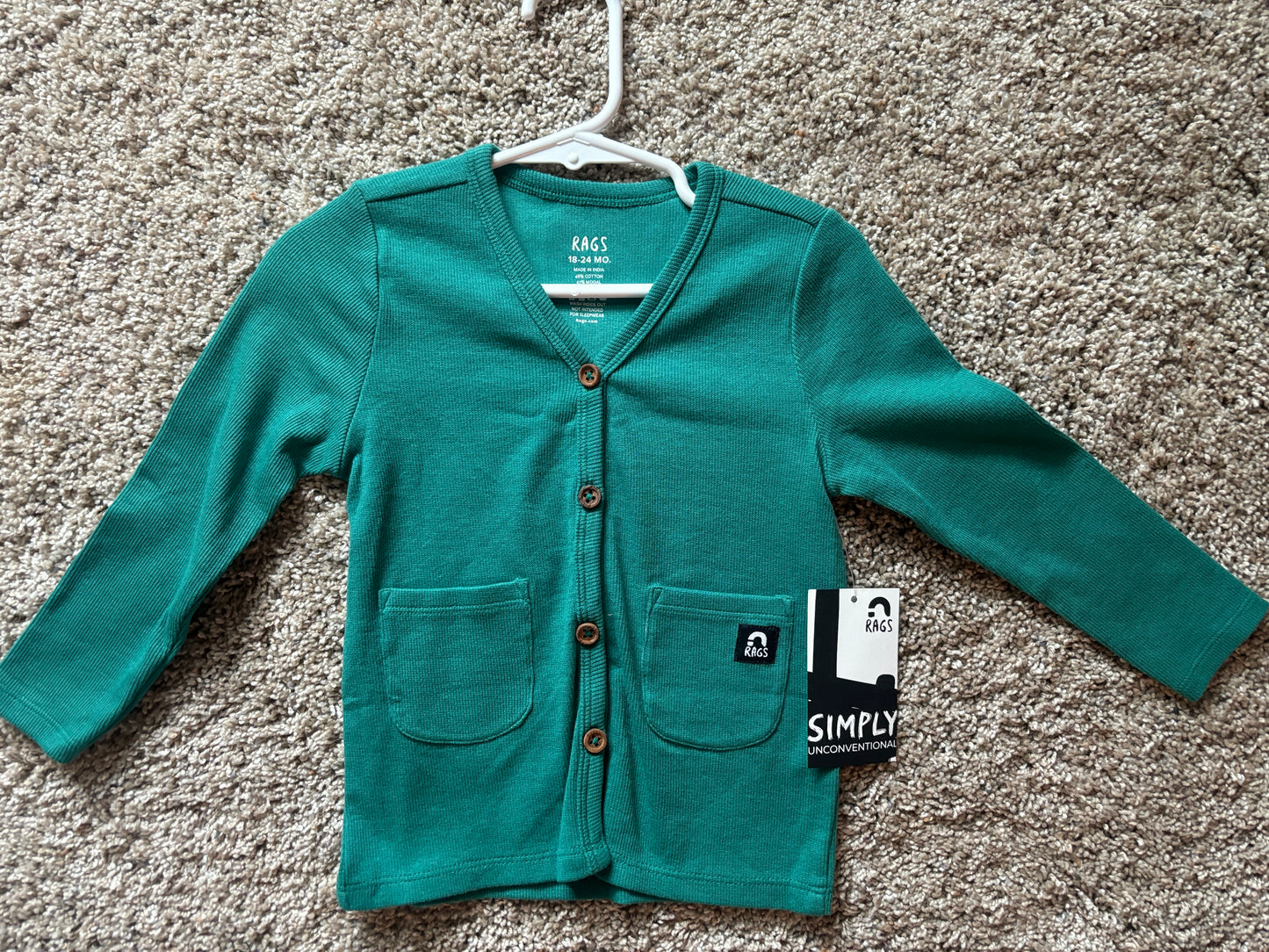 RAGS Green Cardigan 18-24 months NWT