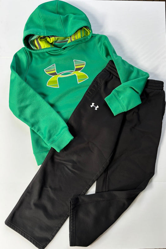 #101 Under Armour Logo Green Hooded Sweatshirt Black Sweat Pants Boys Size Small