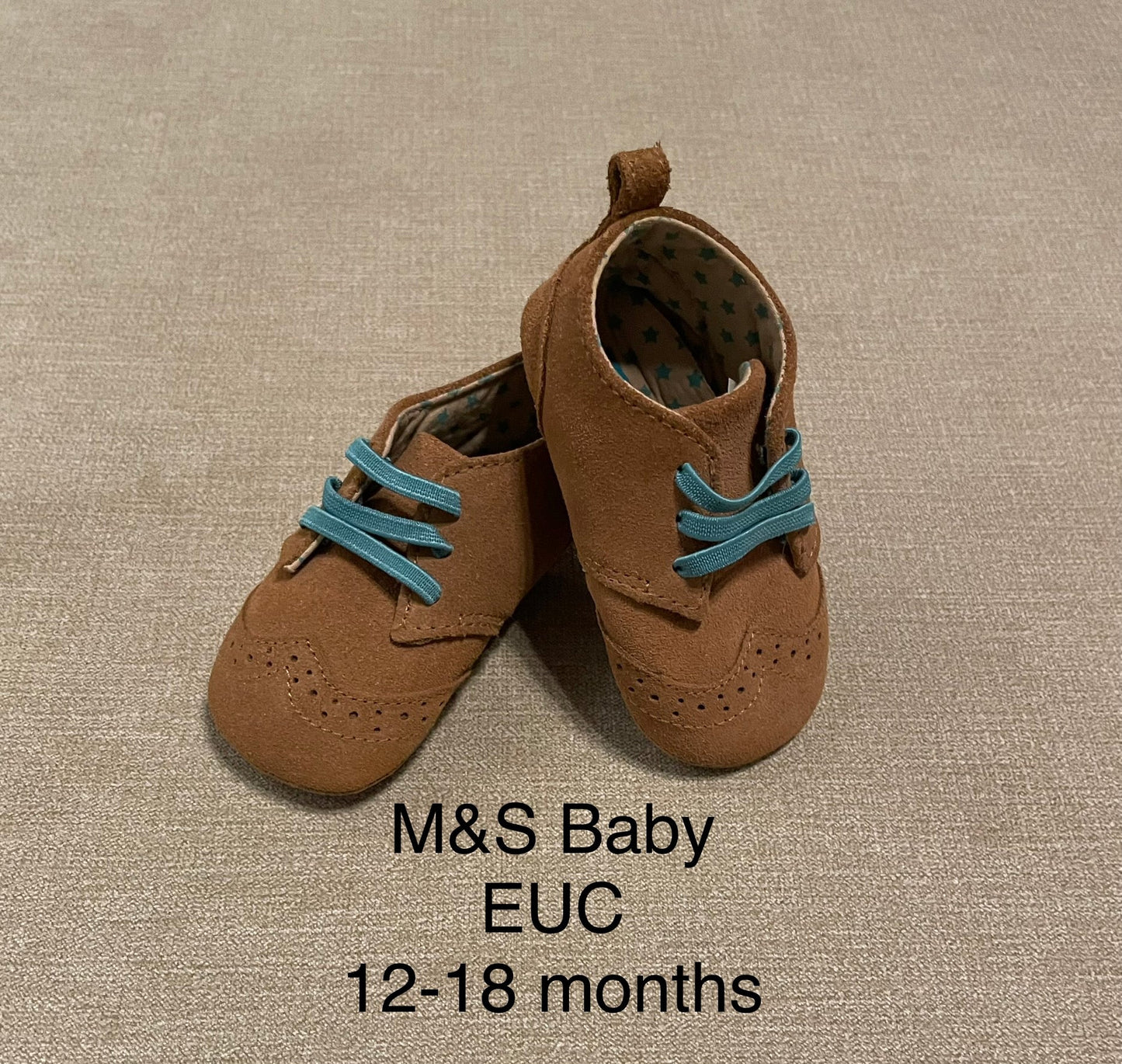 *REDUCED* Seller #12 M&S Boys Brown Fabric Shoes with Light Blue Elastic "Laces" | Size 12-18 months