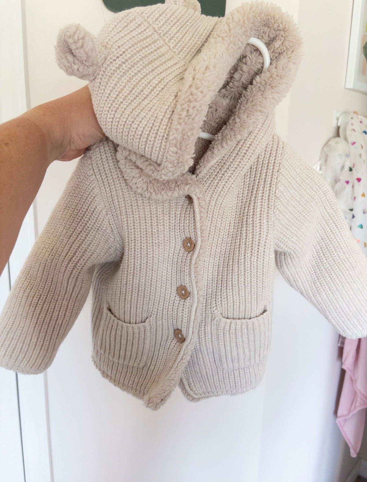 #36 Gender neutral baby gap thick button up sweater with ears on hood EUC 12-18 mo