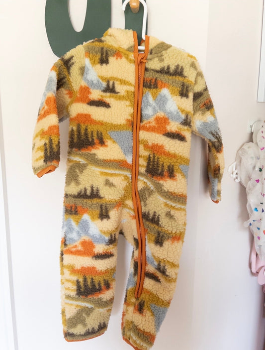 #36 gender neutral full fleece suit with trees GUC 19-24 mo Old navy