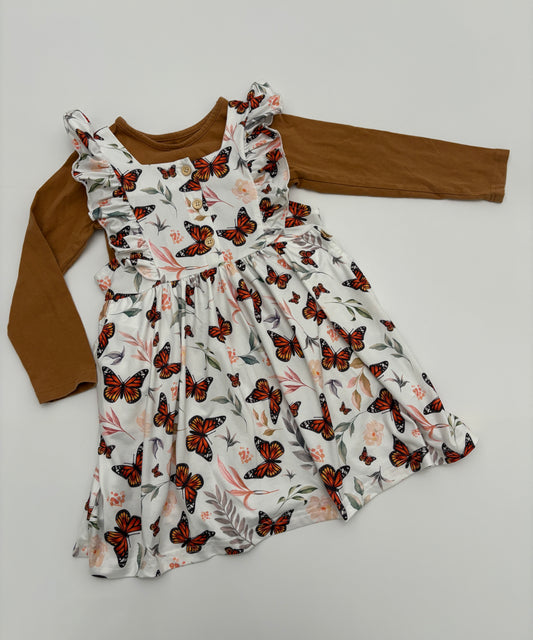#121 girls (fits like) 4 butterfly dress with shirt, EUC
