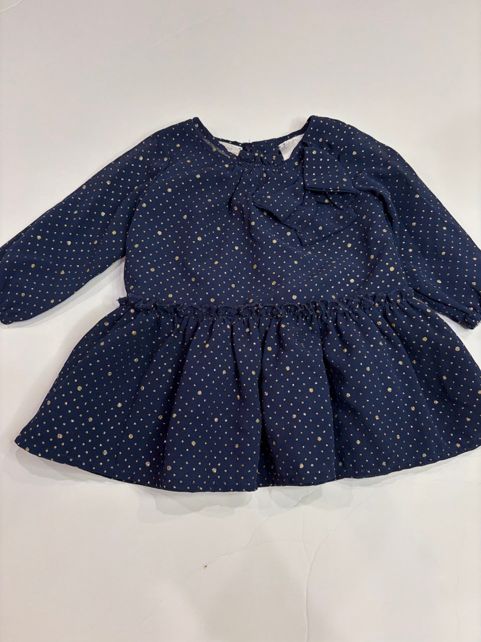 #144 girls 3mo navy with gold polka dot dress, koala baby