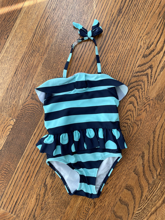 Girls 18m Navy/Turquoise Striped One Piece Swim Suit