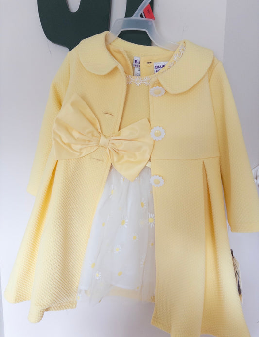 #36 girls Blueberry bird 2t yellow tool tank top dress with yellow coat and bow NWT