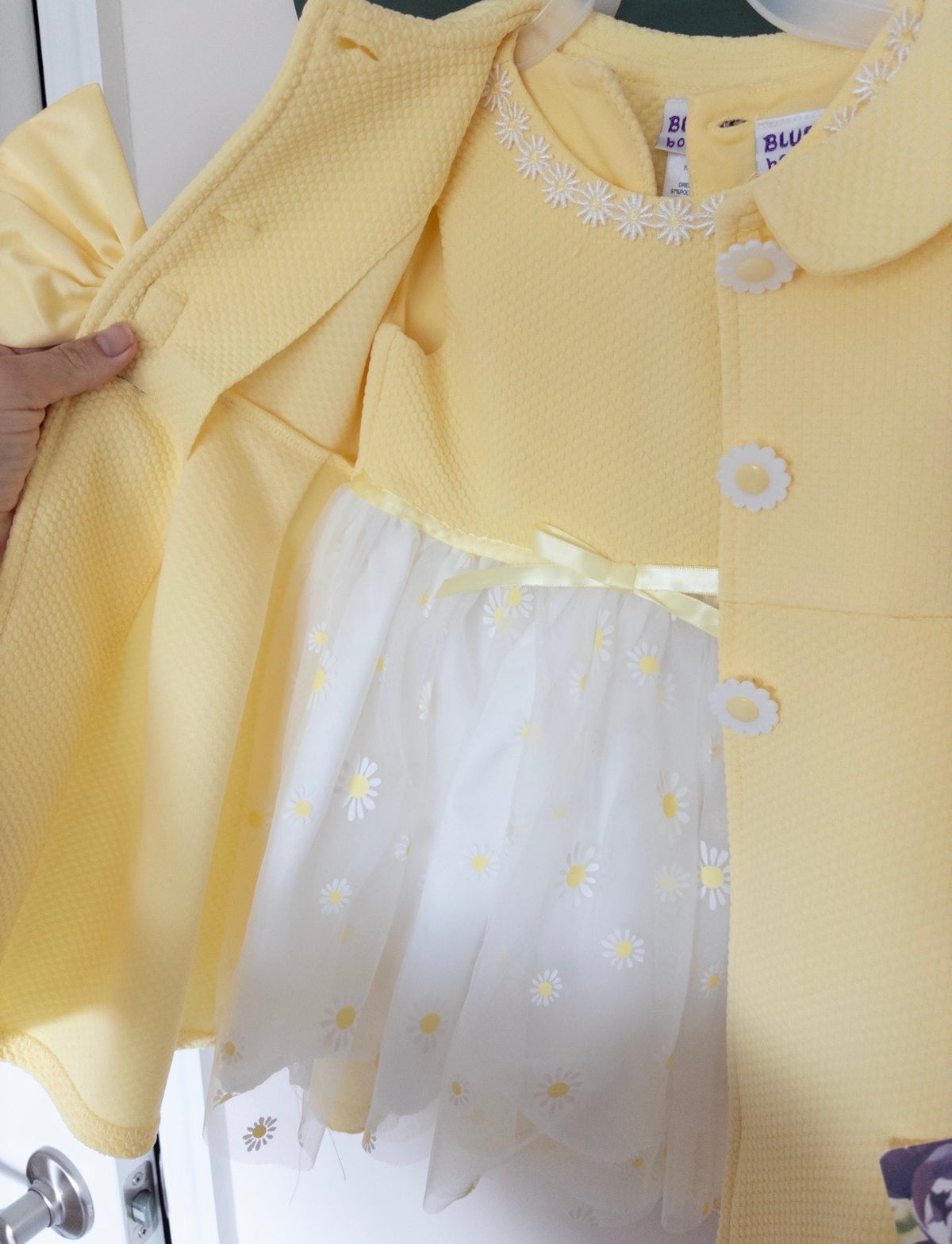 #36 girls Blueberry bird 2t yellow tool tank top dress with yellow coat and bow NWT