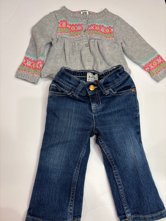 #86A girls 9mo carters sweater top and 9-12mo place jeans with adjustable waist