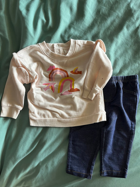 Seller 73A: EUC 6-9M Girls Sweatshirt & Jean Legging Set - Rainbow