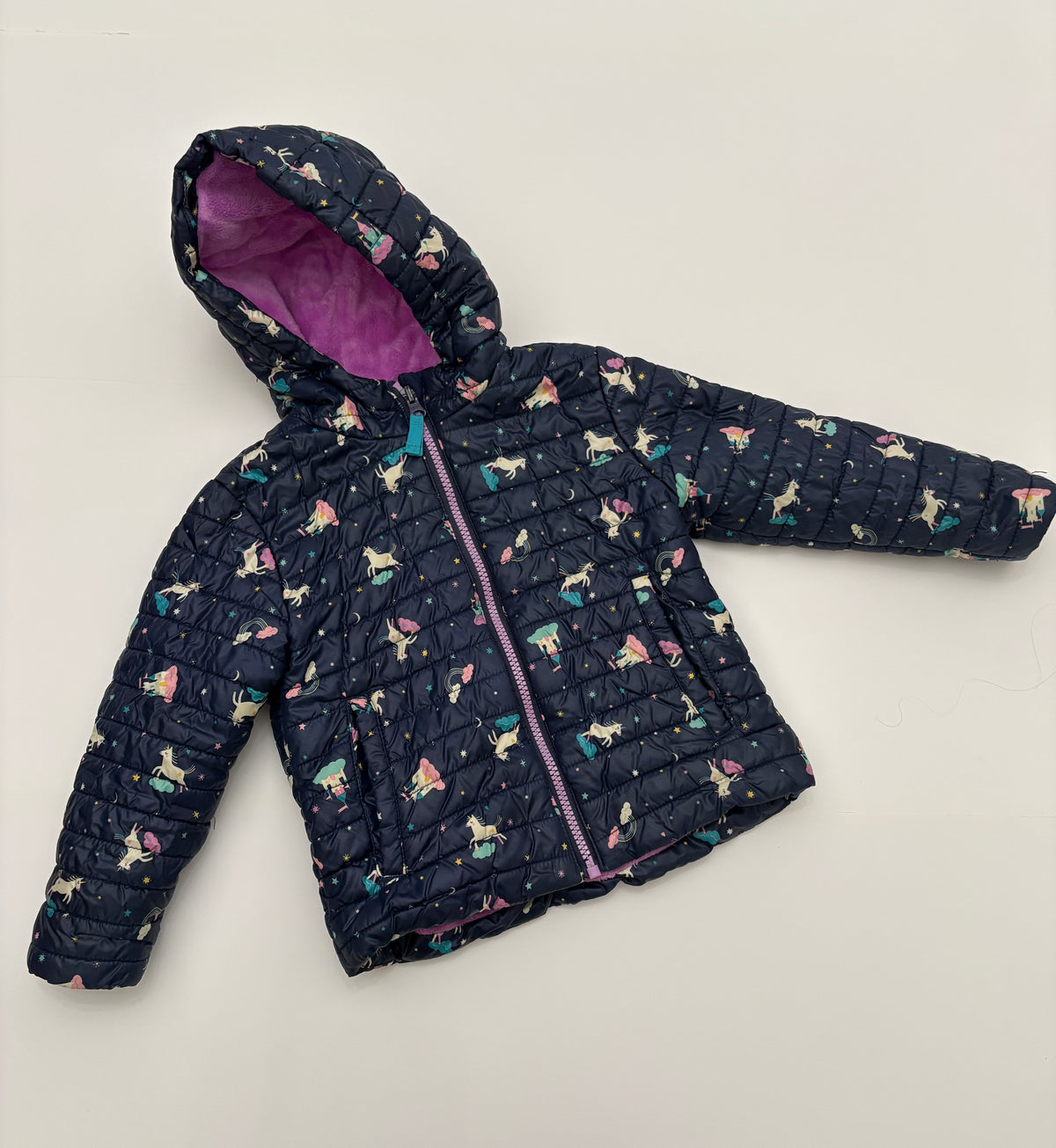 #121 girls 4T Cat & Jack unicorn lightweight puffer jacket, VGUC