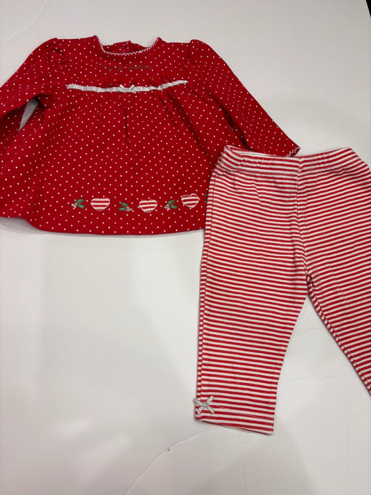 #86A girls 9mo holiday outfit, embroidered holly with coordinating pants, little me