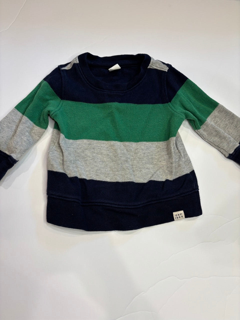 #86A boys 12-18mo sweater, navy, green and grey, baby gap