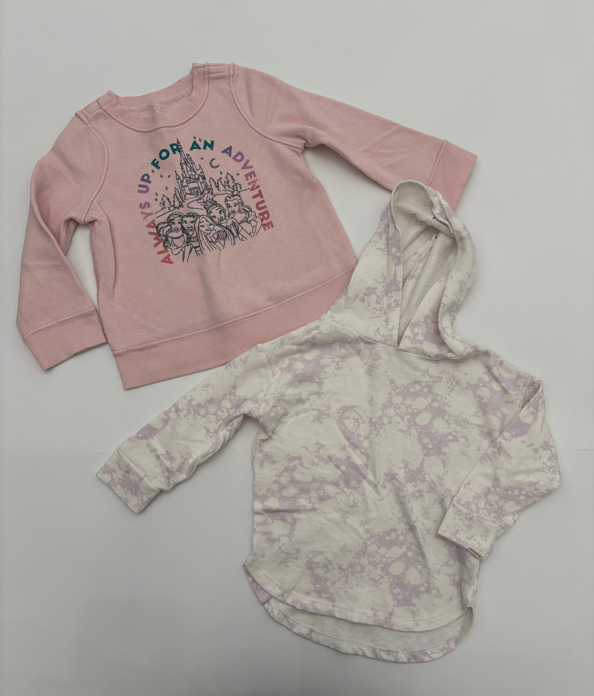 #121 girls 2T Disney princess and Grayson Mini purple marble sweatshirts, VGUC