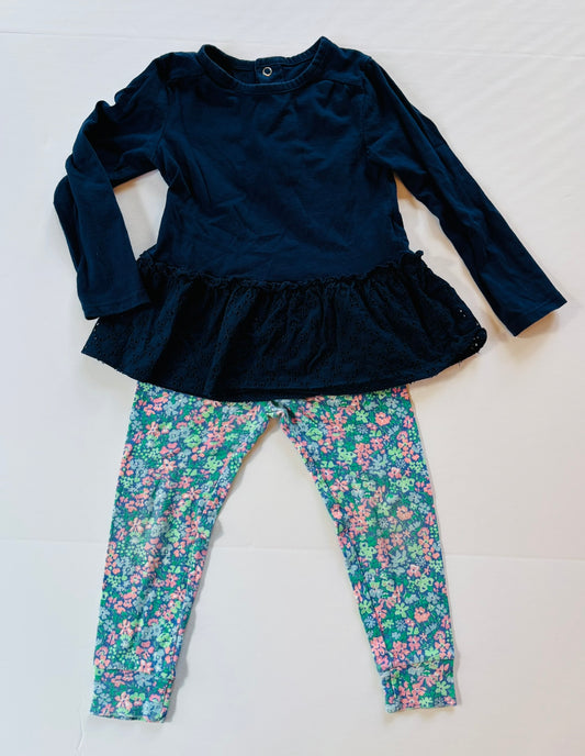 #101 Carter's Navy Eyelet Shirt Floral Leggings Outfit Girls Size 2T