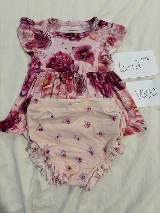 #98B - 6-12 Mo - Posh Peanut - VGUC Floral Peplum w/Bummies (Bamboo)