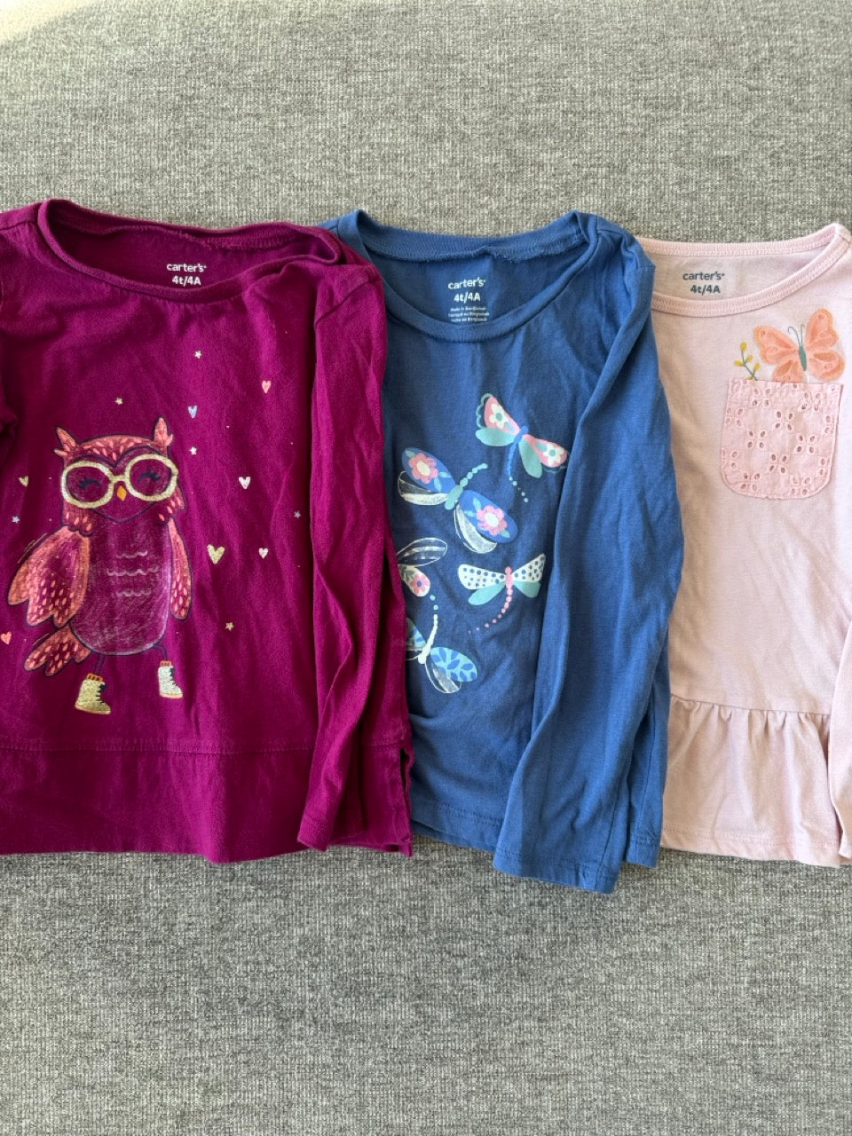 Seller #114 Carters long sleeve shirts owl, dragonfly and butterfly girls size 4T