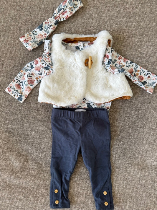 Seller #114 Tahari 4 piece set including  fur vest, leggings, floral onesie and headband girls size 0-3 months