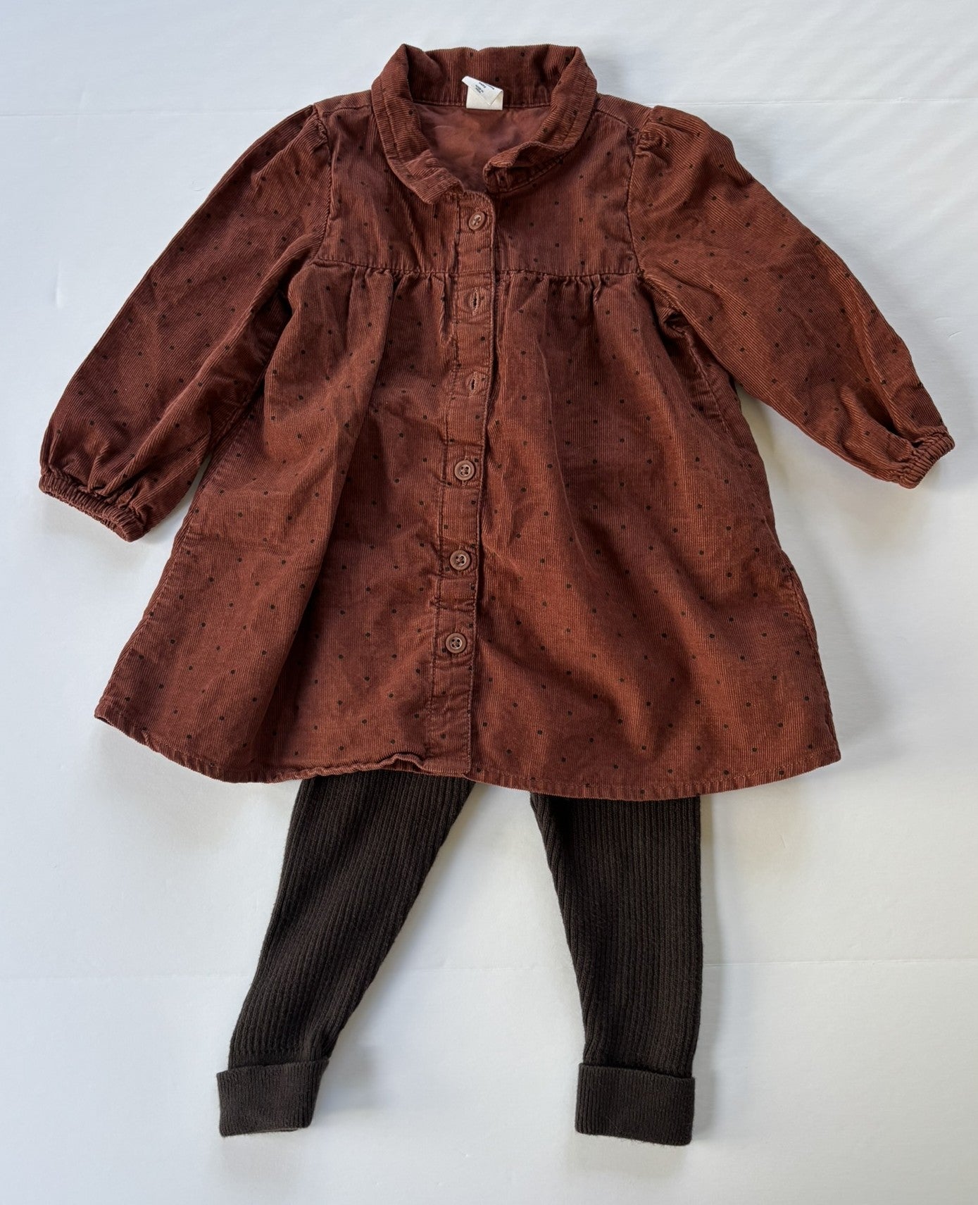 #101 Gap Corduroy Brown Button Down Dress Ribbed Leggings Outfit Girls Size 12-18 month